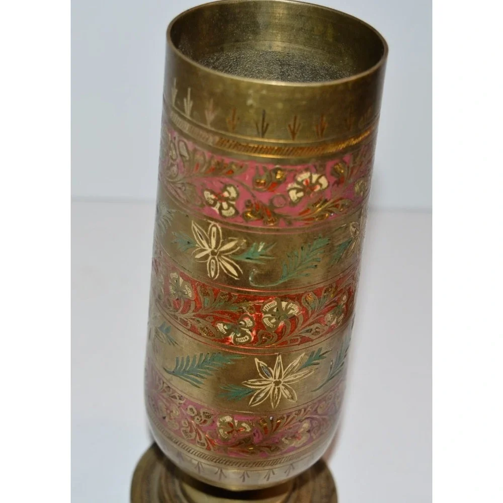 Vtg Brass Colorful Etched Vase Red & Green Footed Made India